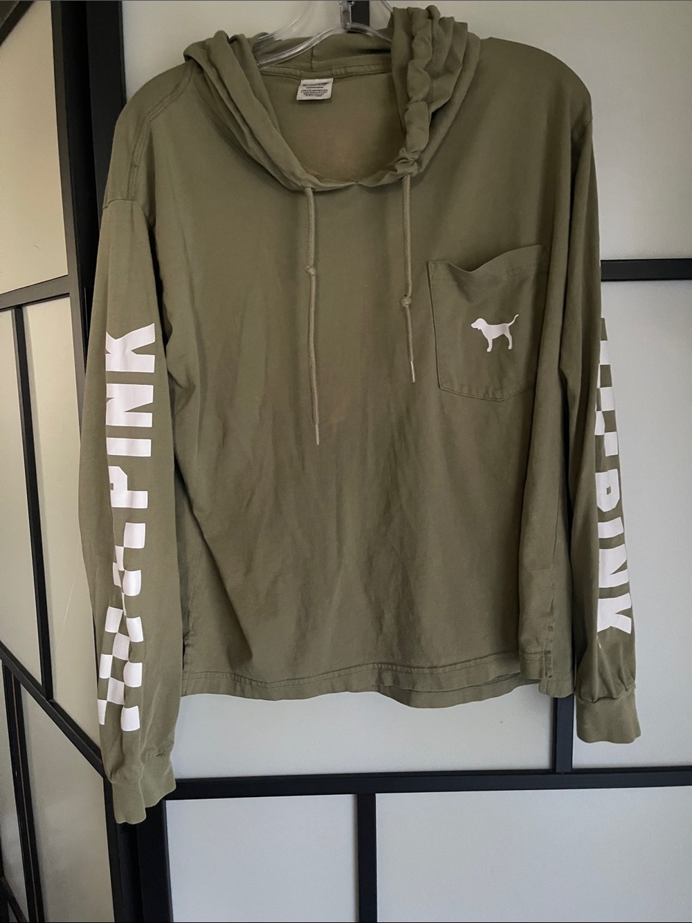 PINK Victoria's Secret Olive Green Hooded Long-Sleeve Pocket Tee